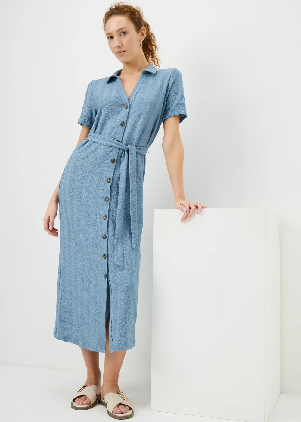 Blue Textured Midaxi Shirt Dress - 16 Image 1