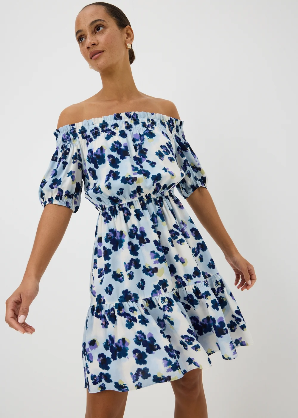 Purple Floral Bardot Mini Dress - Size 26 Image 1