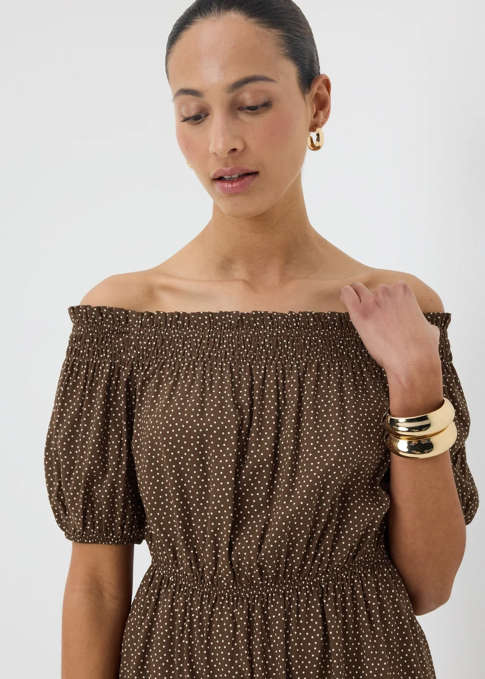 Brown Spot Print Bardot Mini Dress - 18 | Matalan Brown Spot Print Bardot Mini Dress - 18 | Matalan