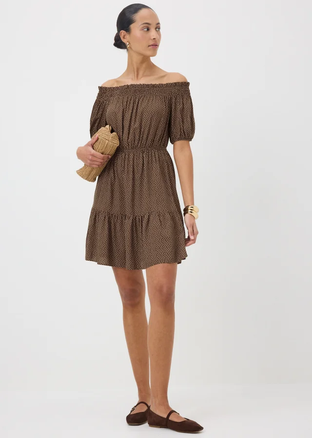 Brown Spot Print Bardot Mini Dress