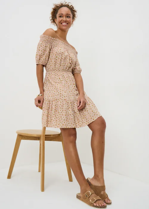 Pink Ditsy Floral Print Bardot Mini Dress - Size 8 Image 1