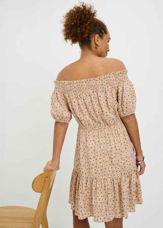 Pink Ditsy Floral Print Bardot Mini Dress