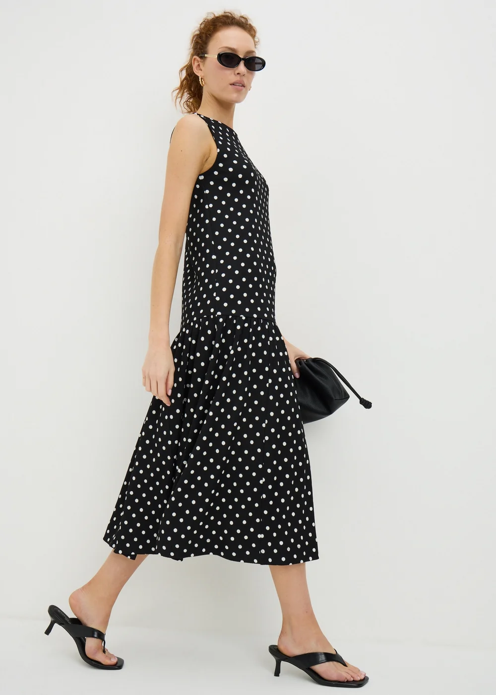 Black Polka Dot Drop Waist Jersey Midi Dress - Size 8 Image 1