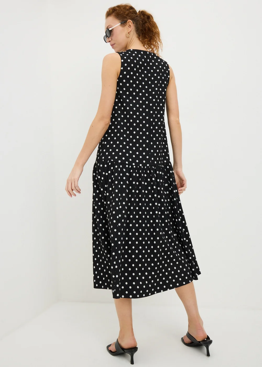Black Polka Dot Drop Waist Jersey Midi Dress - Size 8 Image 3