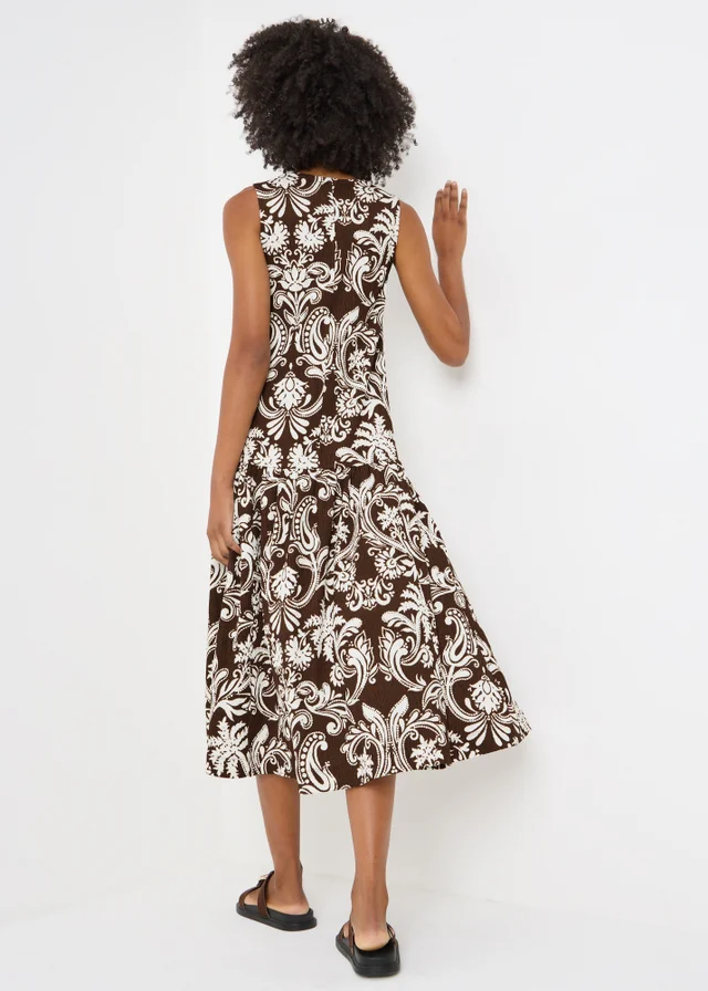Chocolate Brown Abstract Print Drop Waist Jersey Midi Dress