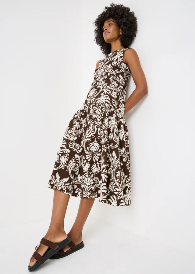 Chocolate Brown Abstract Print Drop Waist Jersey Midi Dress