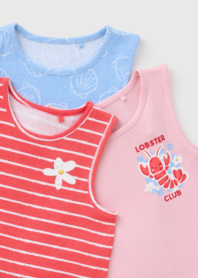 3 Pack Girls Multicolour Holiday Print Frill Vests (1-7yrs)