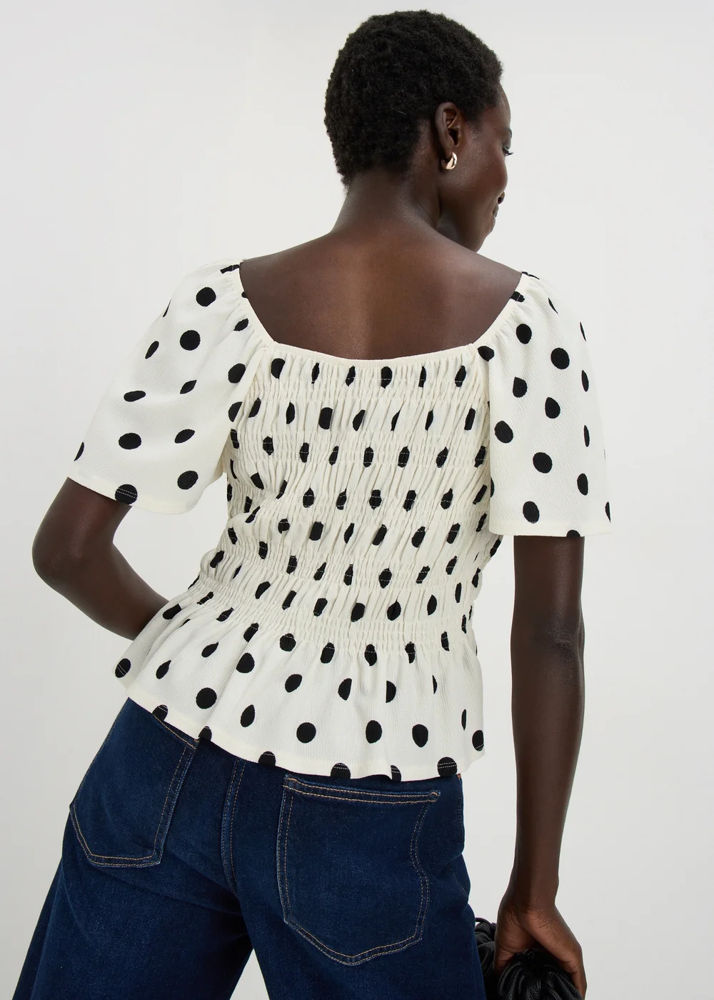 Cream Polka Dot Shirred Angel Sleeve Top - 22 Image 2