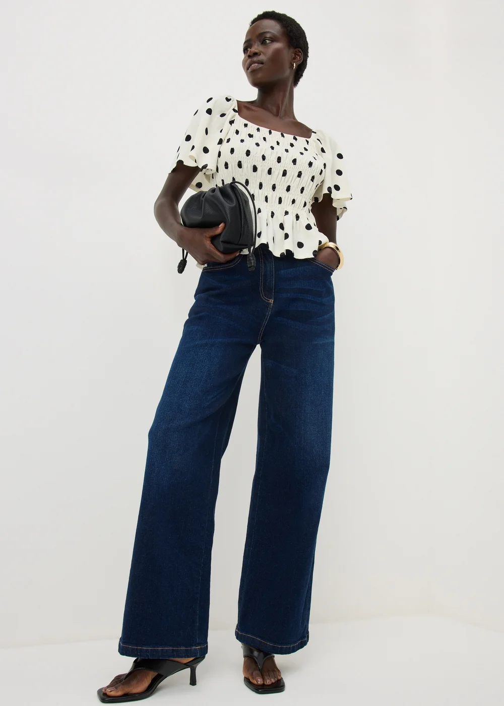Cream Polka Dot Shirred Angel Sleeve Top - 22 Image 1