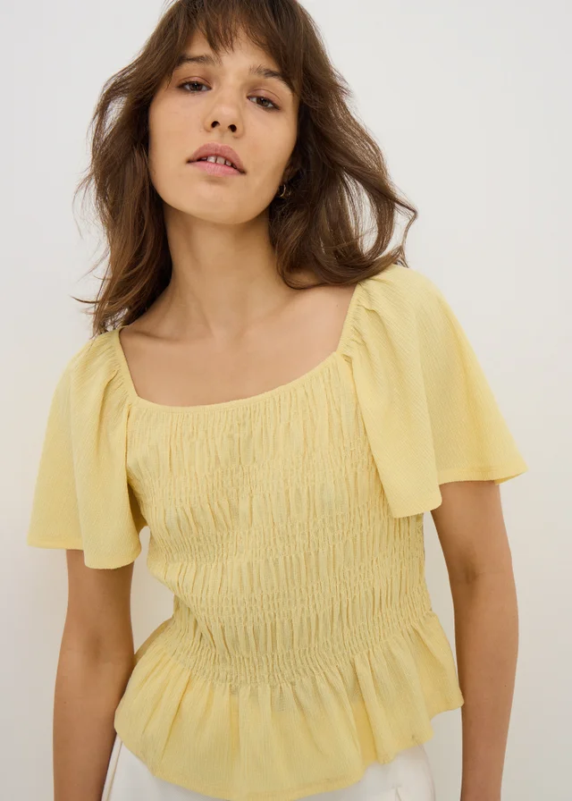 Yellow Shirred Angel Sleeve Top