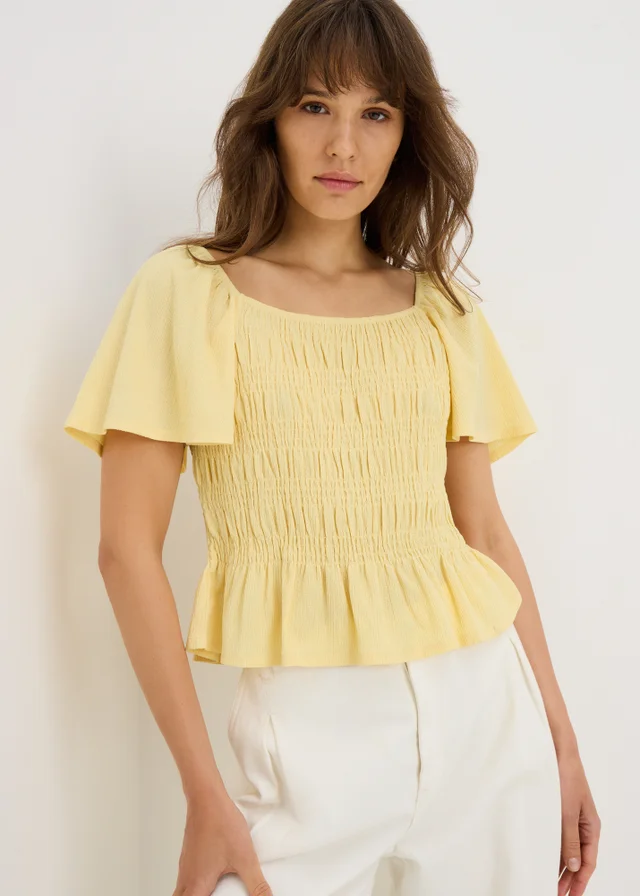 Yellow Shirred Angel Sleeve Top