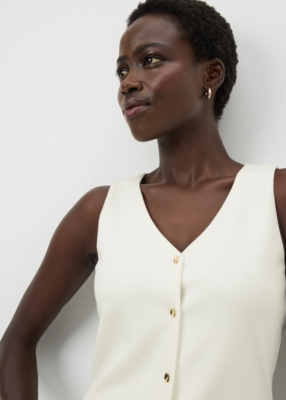 Off White Ribbed Button Up Jersey Waistcoat - 8 Image 3