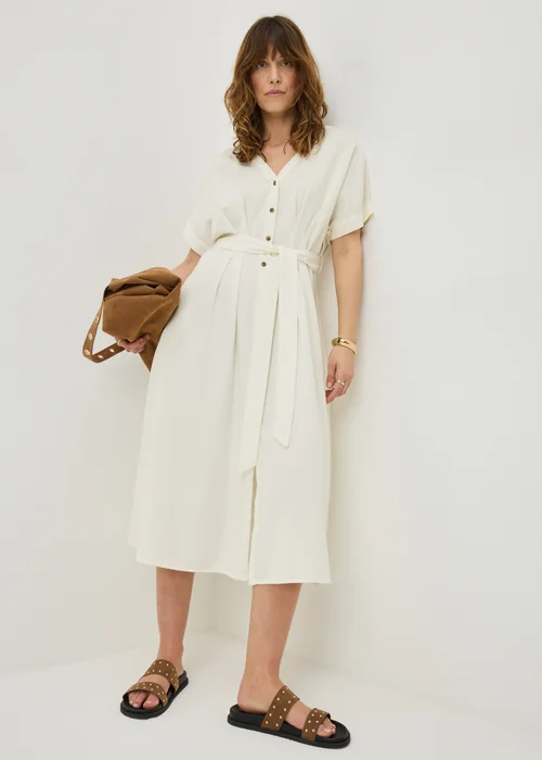 Ecru Denim Belted Shirt Midi Dress - 22 Image 1
