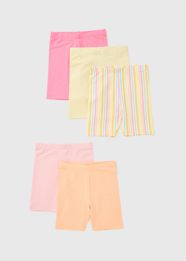 5 Pack Girls Stripe Plain Cycling Shorts (1-7yrs)