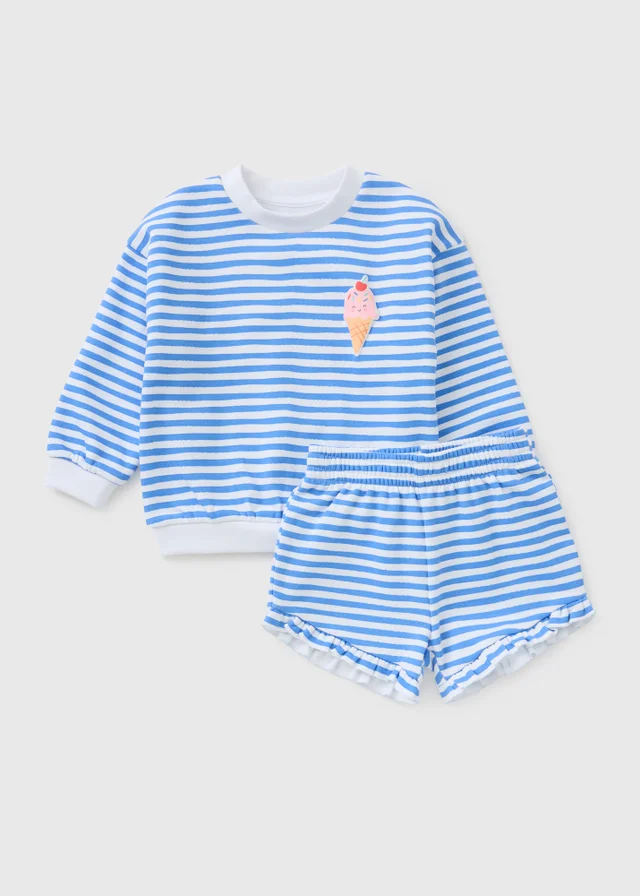 Girls Blue Stripe Ice Cream Sweatshirt & Shorts Set (1-7yrs)