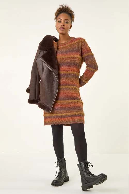 Roman Chocolate Stripe Knit Jumper Dress - 16 Image 2