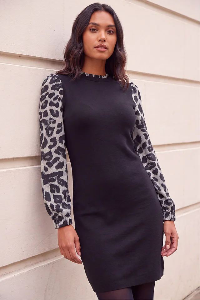 Roman Grey Animal Print Mix Frill Short Dress