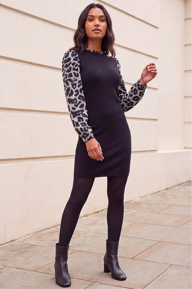 Roman Grey Animal Print Mix Frill Short Dress