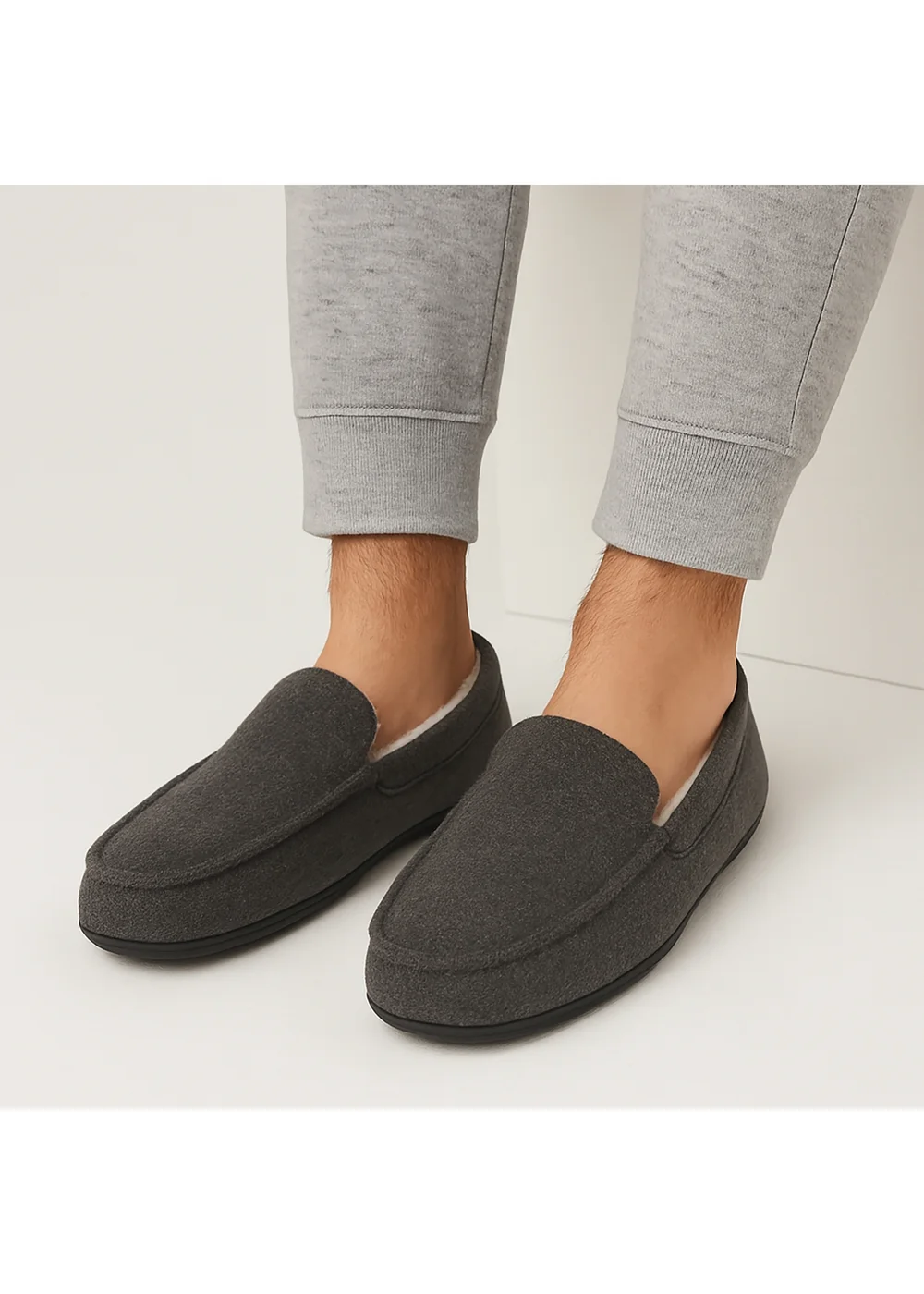 Totes Isotoner Grey Felt Moccasin Slipper With Sherpa Lining - 11-12 Image 2