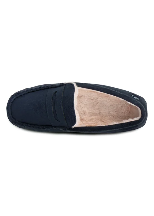 Totes Isotoner Navy Suedette Moccasin Slipper With Faux Fur Lining - 11-12 Image 6