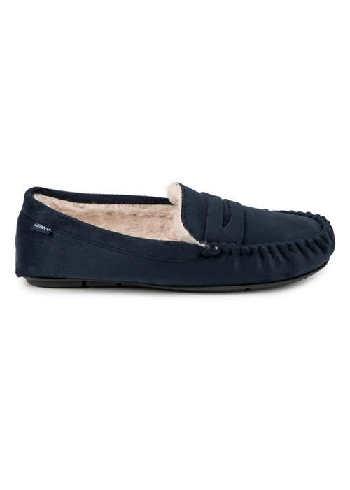 Totes Isotoner Navy Suedette Moccasin Slipper With Faux Fur Lining - 11-12 Image 5