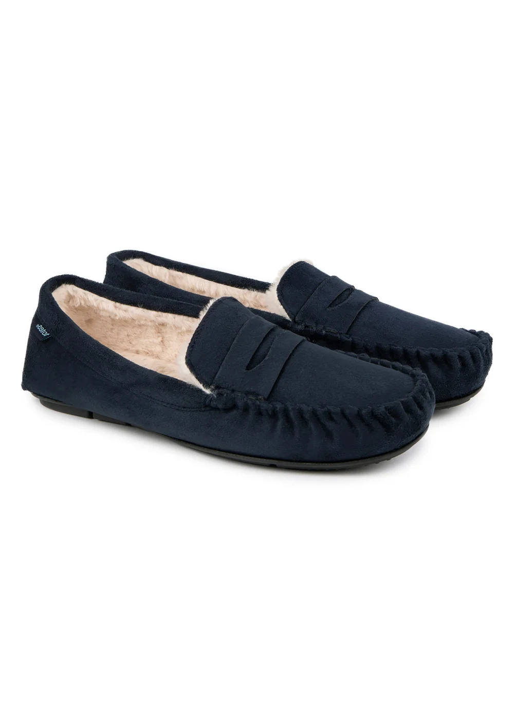 Totes Isotoner Navy Suedette Moccasin Slipper With Faux Fur Lining - 11-12 Image 1