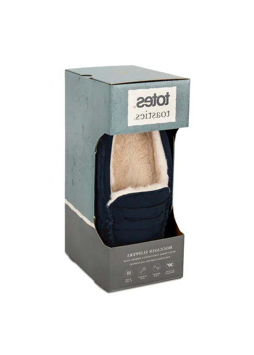 Totes Isotoner Navy Suedette Moccasin Slipper With Faux Fur Lining - 11-12 Image 3