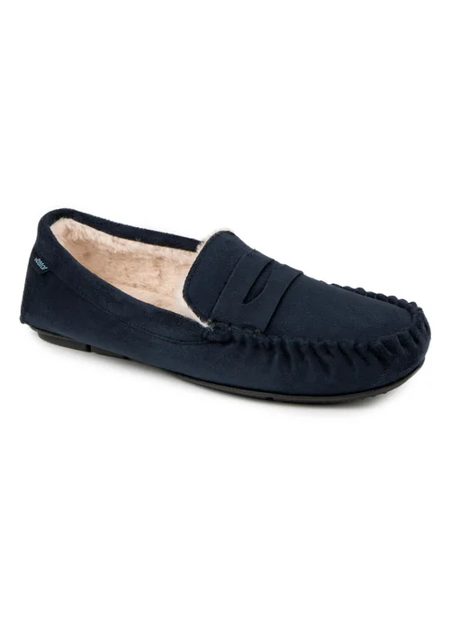 Totes Isotoner Navy Suedette Moccasin Slipper With Faux Fur Lining - 11-12 Image 4