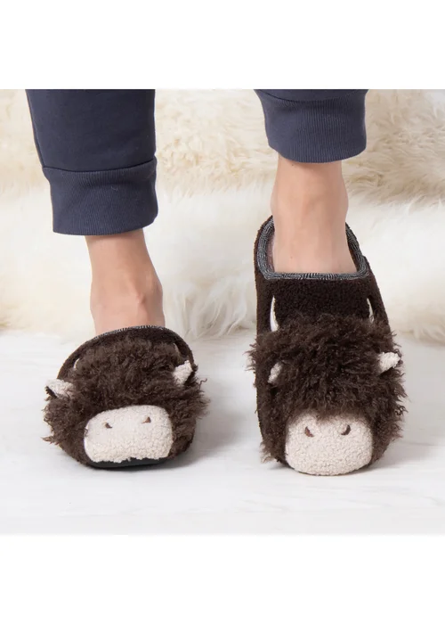 Totes Isotoner Brown Novelty Applique Mule Slippers - 7-8 Image 2
