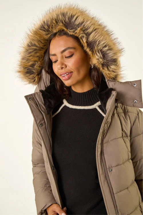 Roman Mocha Faux Fur Padded Belt Coat - 16 Image 4