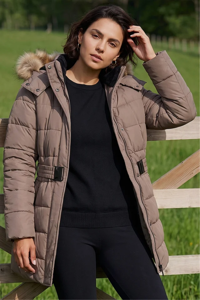 Roman Mocha Faux Fur Padded Belt Coat