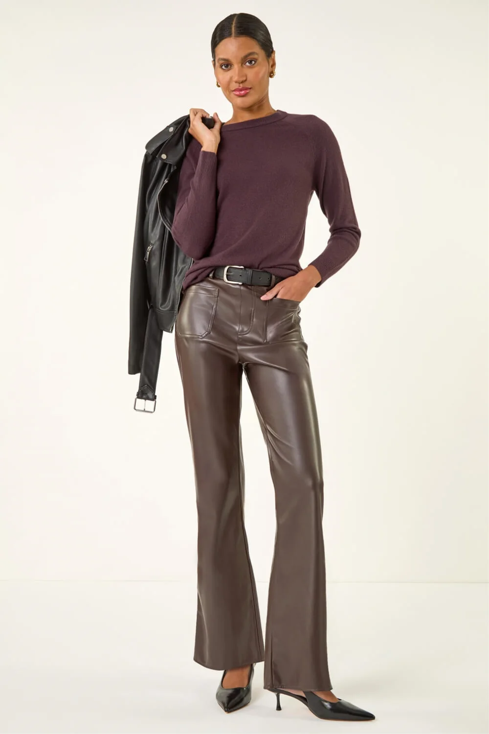 Roman Chocolate Faux Leather Bootcut Trouser - 10 Image 3