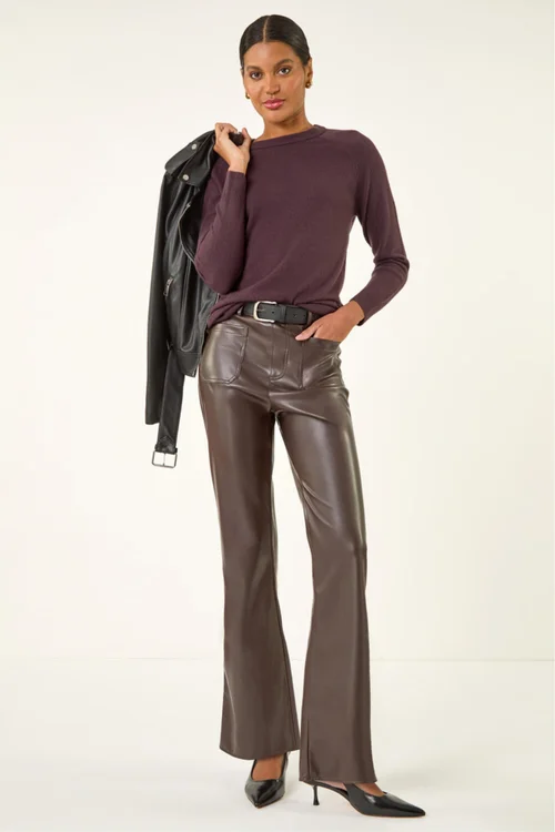Roman Chocolate Faux Leather Bootcut Trouser - 10 Image 3