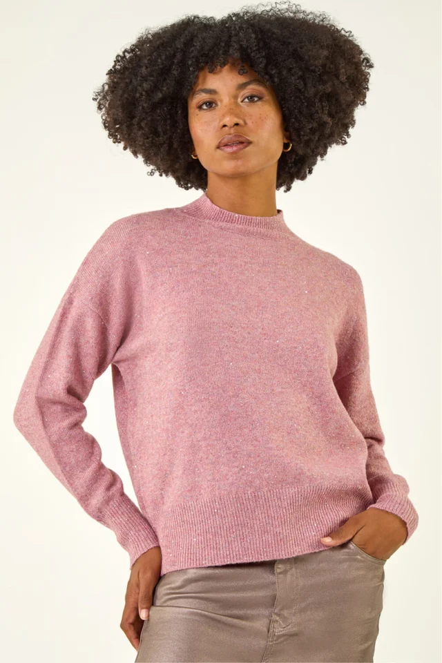 Roman Pink Sequin Crew Neck Knit Jumper
