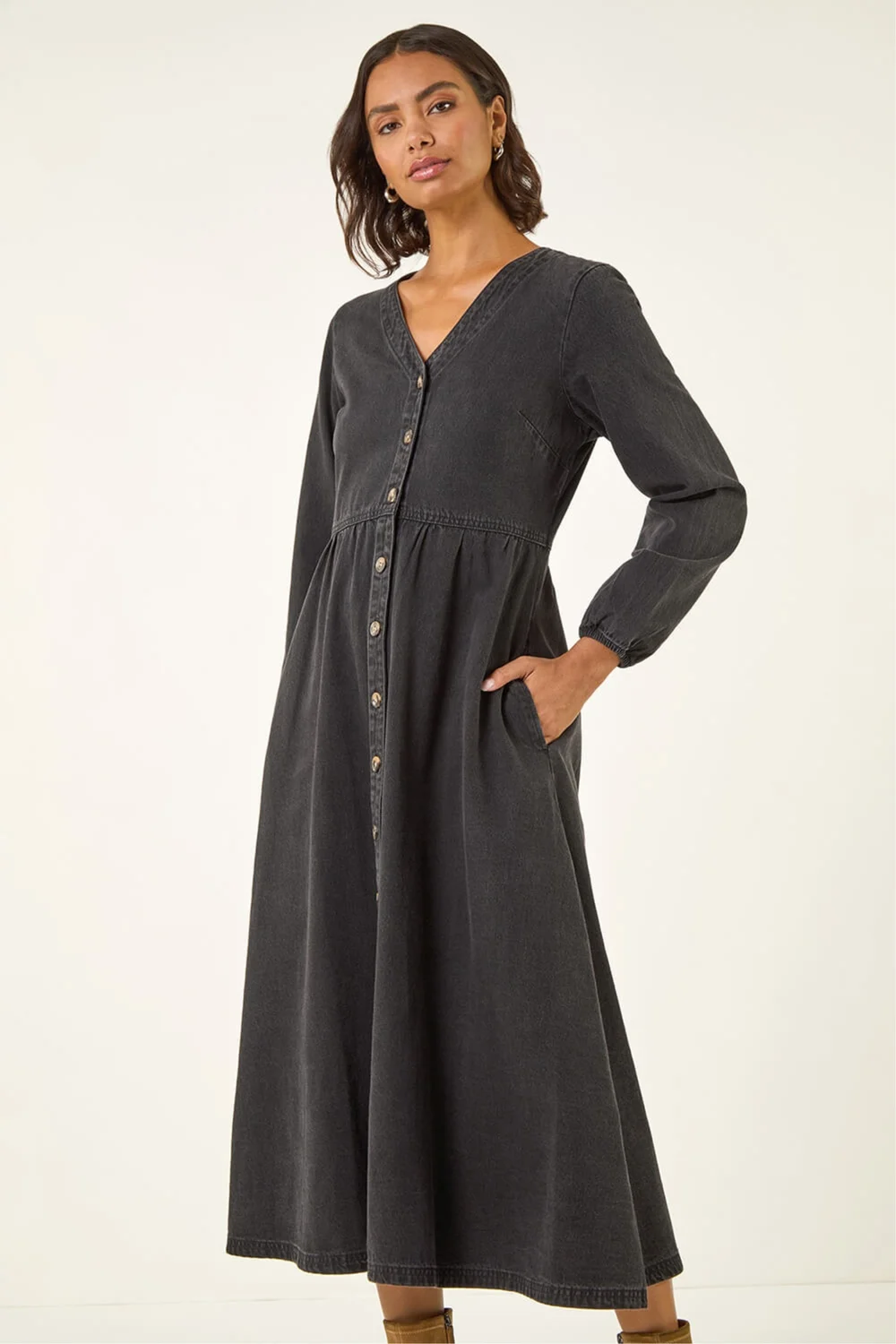 Roman Black Denim Button Through Midi Dress - 18 Image 4