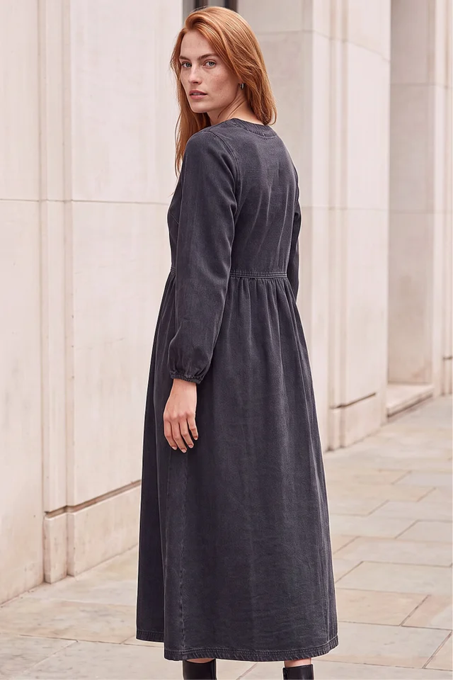 Roman Black Denim Button Through Midi Dress