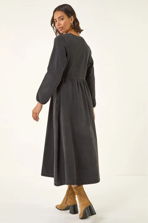 Roman Black Denim Button Through Midi Dress - 18 Image 3