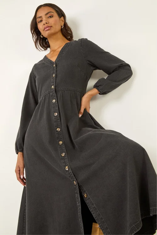 Roman Black Denim Button Through Midi Dress - 18 Image 2