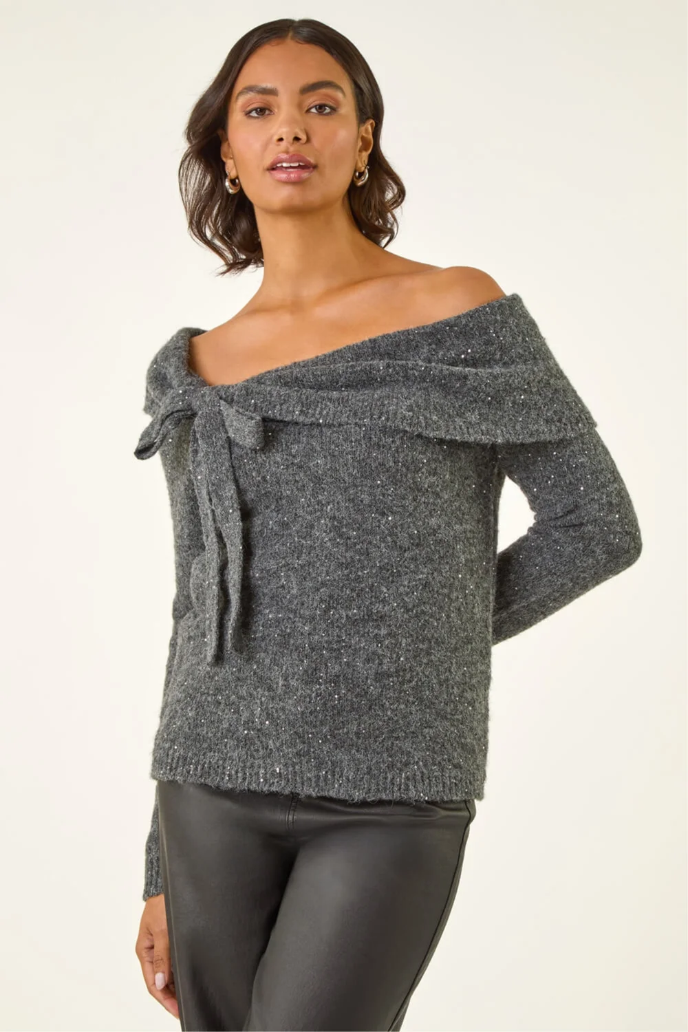 Roman Dark Grey Bardot Sequin Knit Jumper - 20 Image 4