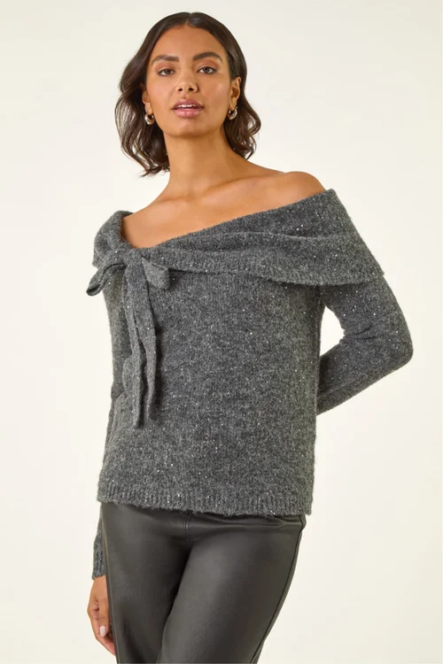 Roman Dark Grey Bardot Sequin Knit Jumper - 20 Image 4