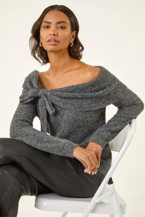 Roman Dark Grey Bardot Sequin Knit Jumper - 20 Image 1