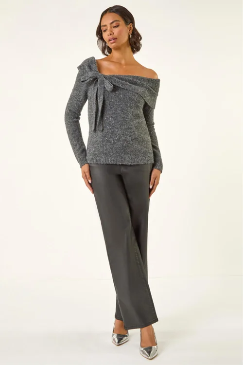 Roman Dark Grey Bardot Sequin Knit Jumper - 20 Image 2
