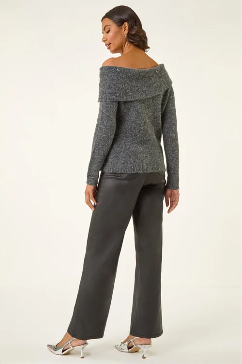 Roman Dark Grey Bardot Sequin Knit Jumper - 20 Image 3