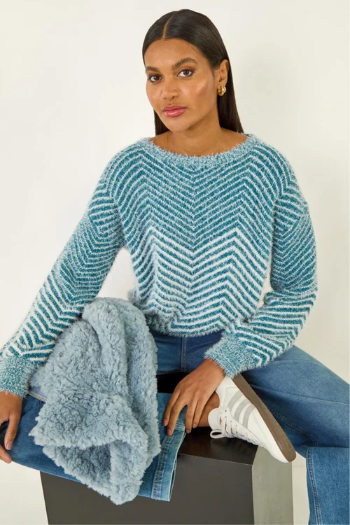 Roman Blue Abstract Stripe Knit Jumper - L Image 1