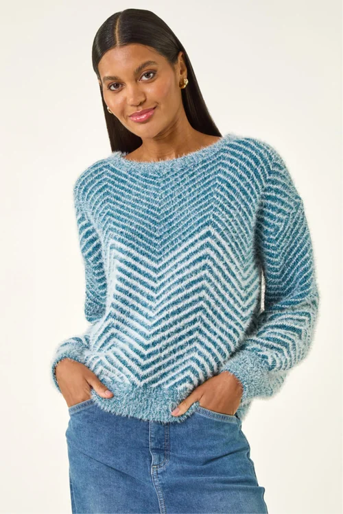 Roman Blue Abstract Stripe Knit Jumper - L Image 4