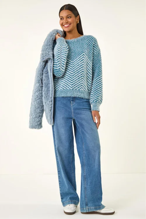 Roman Blue Abstract Stripe Knit Jumper - L Image 2