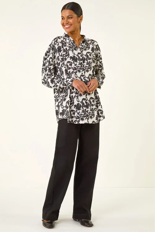 Roman Black Floral Swirl Print Collared Shirt - Size 16 Image 3