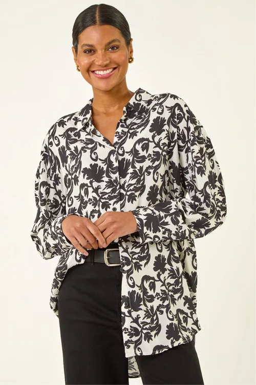 Roman Black Floral Swirl Print Collared Shirt - Size 16 Image 1