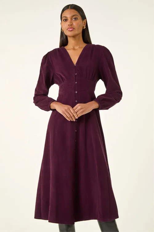 Roman Port Corduroy Button Through Midi Dress - 14 Image 4
