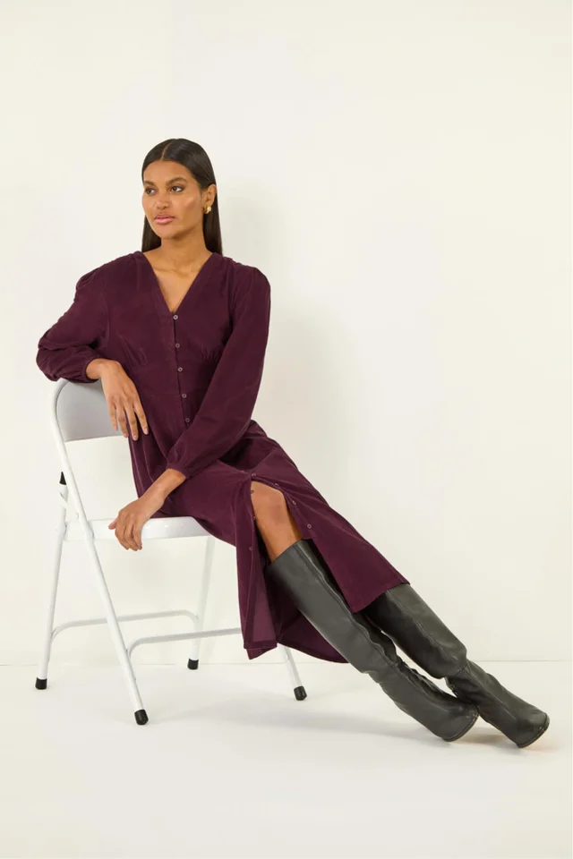 Roman Port Corduroy Button Through Midi Dress